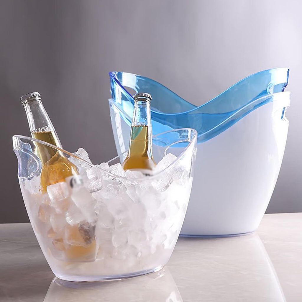 Keep Ice Frozen Longer 8 Liter Acrylic Ice Bucket with Tongs, Plastic Tub Oval Storage Buckets for 2 Wine or Champagne Bottles for parties(Clear)