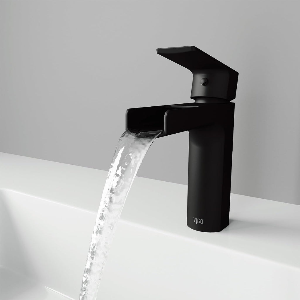 VIGO Ileana Waterfall Single-Handle Single-Hole Mount Bathroom Sink Faucet, 7-Inch, Matte Black, Modern Design, Solid Brass, 1.2 GPM WaterSense & Ceramic Disc Valve, Corrosion-Resistant