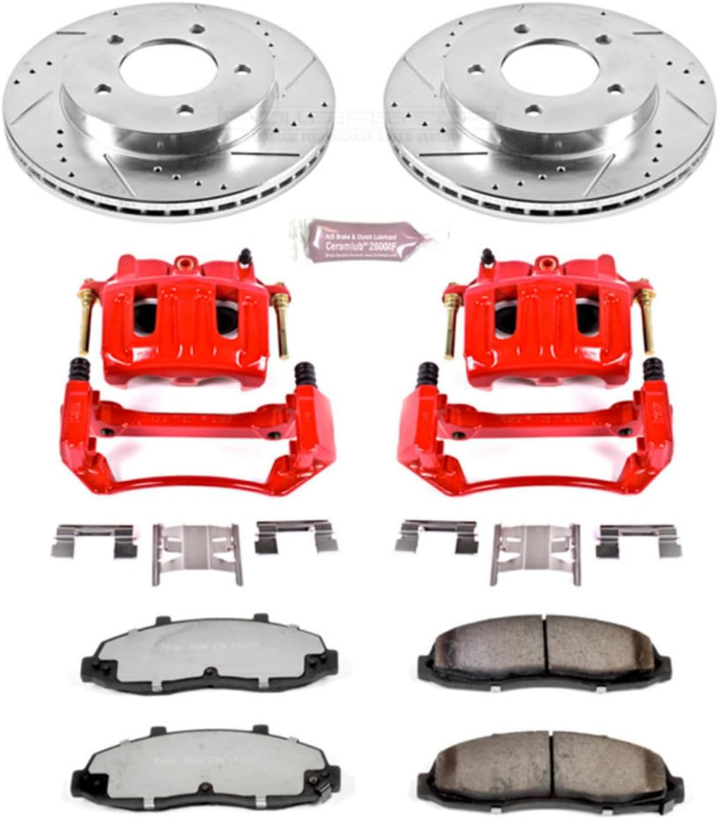 PowerStop Front Brake & Caliper Kit for Ford F-150 1999-03 | Ford F-150 Heritage 2004 - Drilled & Slotted Disc Rotors + Z36 Brake Pads + Red-Powder Coated Calipers, KC1866A-36