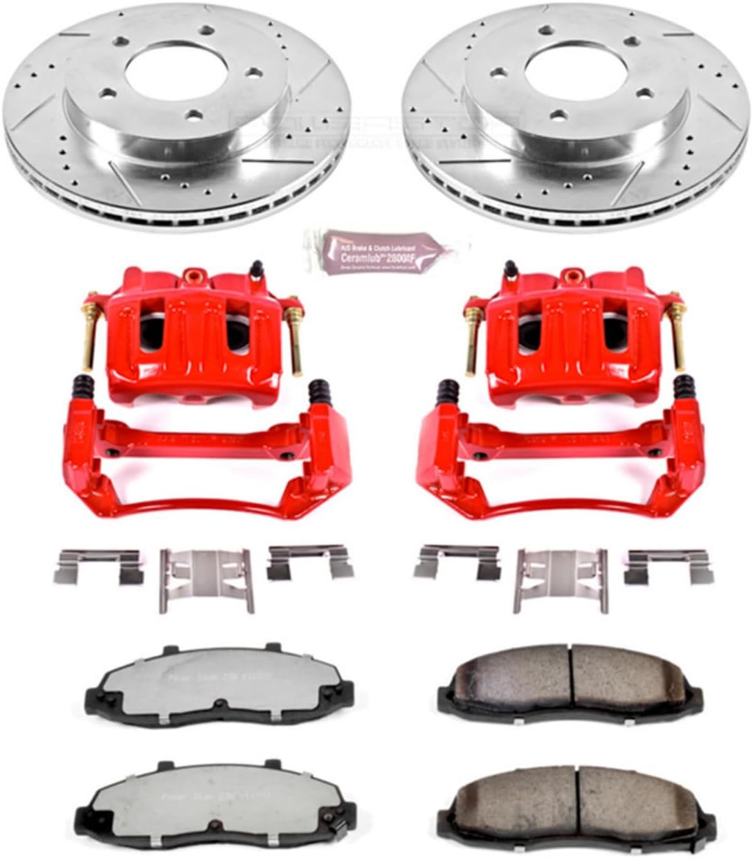 PowerStop Front Brake & Caliper Kit for Ford F-150 1999-03 | Ford F-150 Heritage 2004 - Drilled & Slotted Disc Rotors + Z36 Brake Pads + Red-Powder Coated Calipers, KC1866A-36