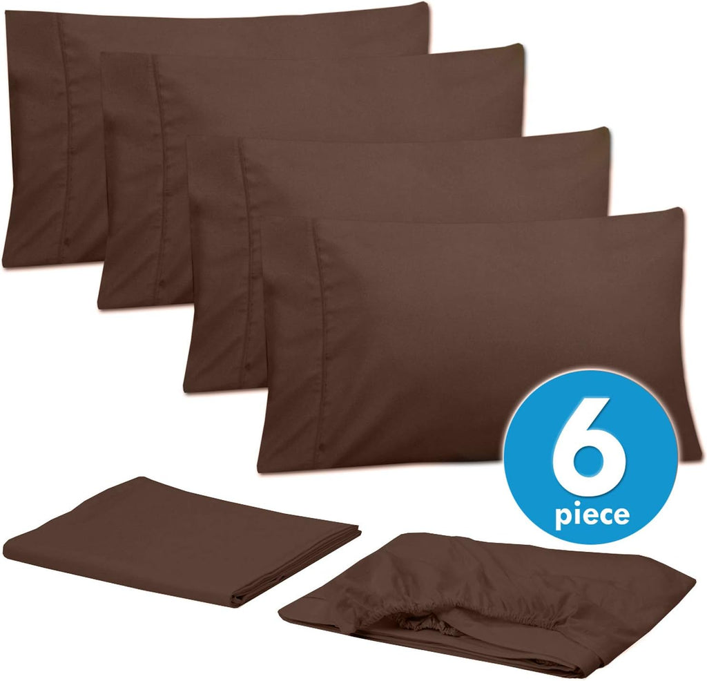 Sweet Home Collection Cal King Size Bed Sheets - 6 Piece 1500 Thread Count Fine Brushed Microfiber Deep Pocket Set - Extra Pillow Cases, Great Value, California King Size, Brown (Pack of 6)