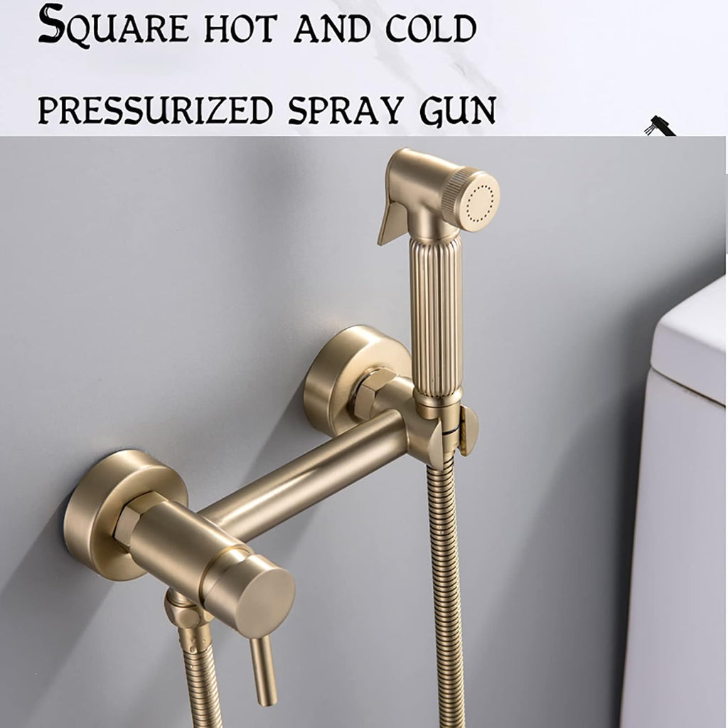 Handheld Bidet Sprayer for Toilet Brass Bathroom Cloth Diaper Set with Cold and Hot Water, Wall Mounted Kit for Feminine Hygiene,Brushed Gold(Gris)
