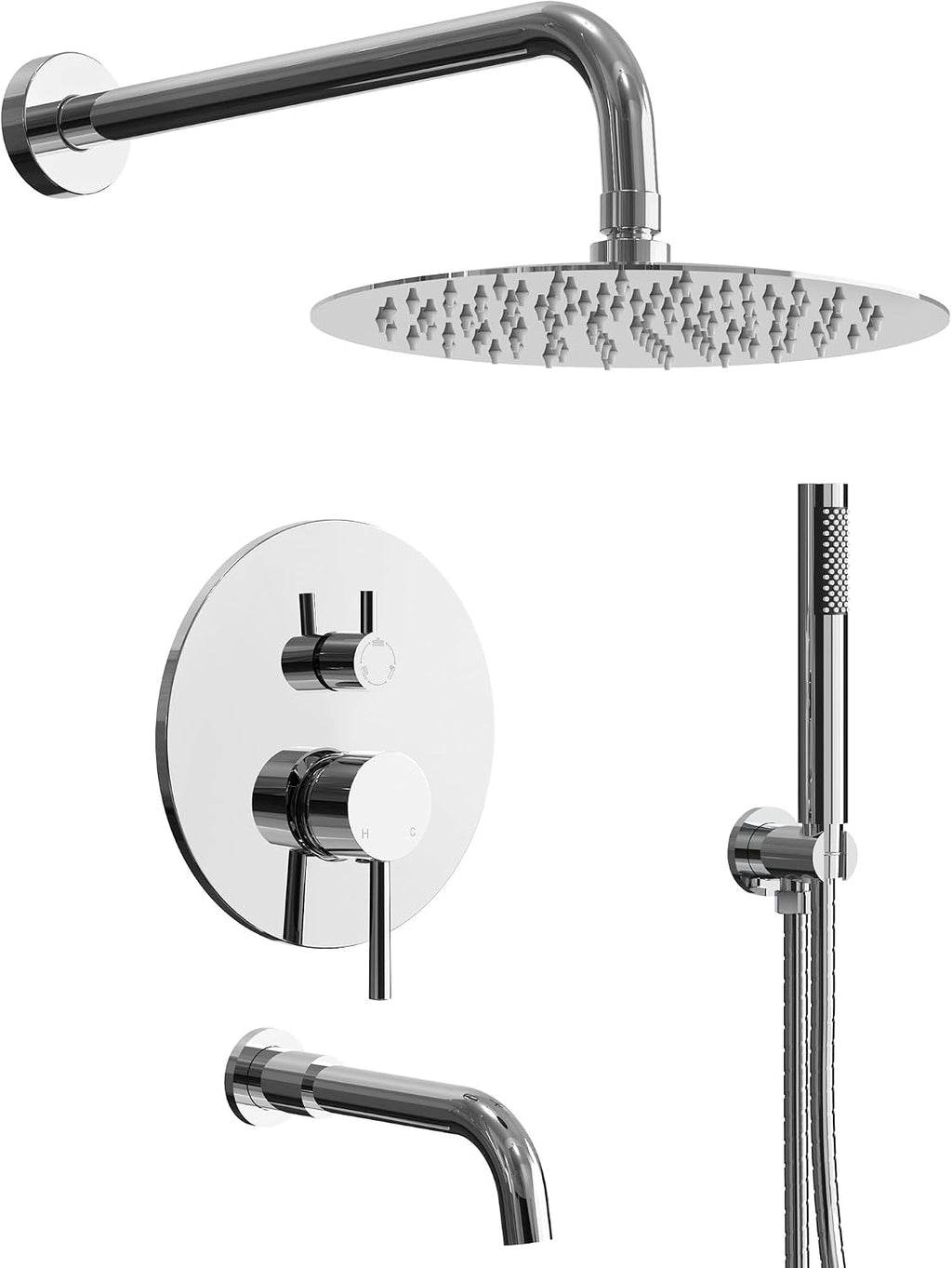 10' High-Pressure Rainfall Shower System with Handheld Spray, Wall Mount Bathroom Shower Faucet Set with Tub Spout (Chrome)