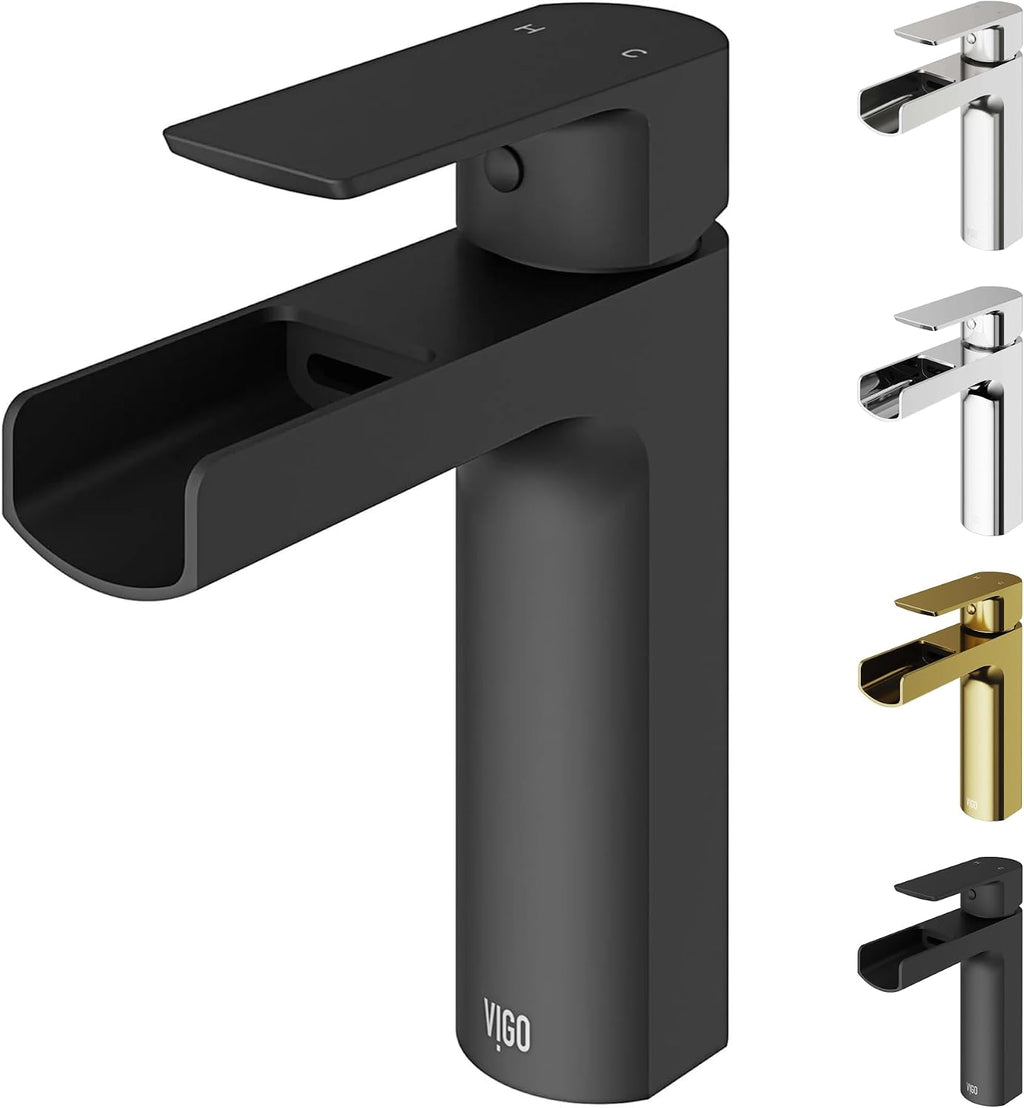VIGO Ileana Waterfall Single-Handle Single-Hole Mount Bathroom Sink Faucet, 7-Inch, Matte Black, Modern Design, Solid Brass, 1.2 GPM WaterSense & Ceramic Disc Valve, Corrosion-Resistant