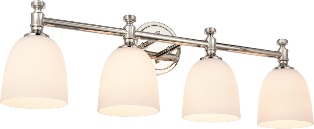 Bathroom Vanity Light, 4-Light Bathroom Light Fixtures Over Mirror, Traditional Vanity Lights for Living Room, Milk White Bell Glass Shades, Standard E26 Base, Polished Nickel