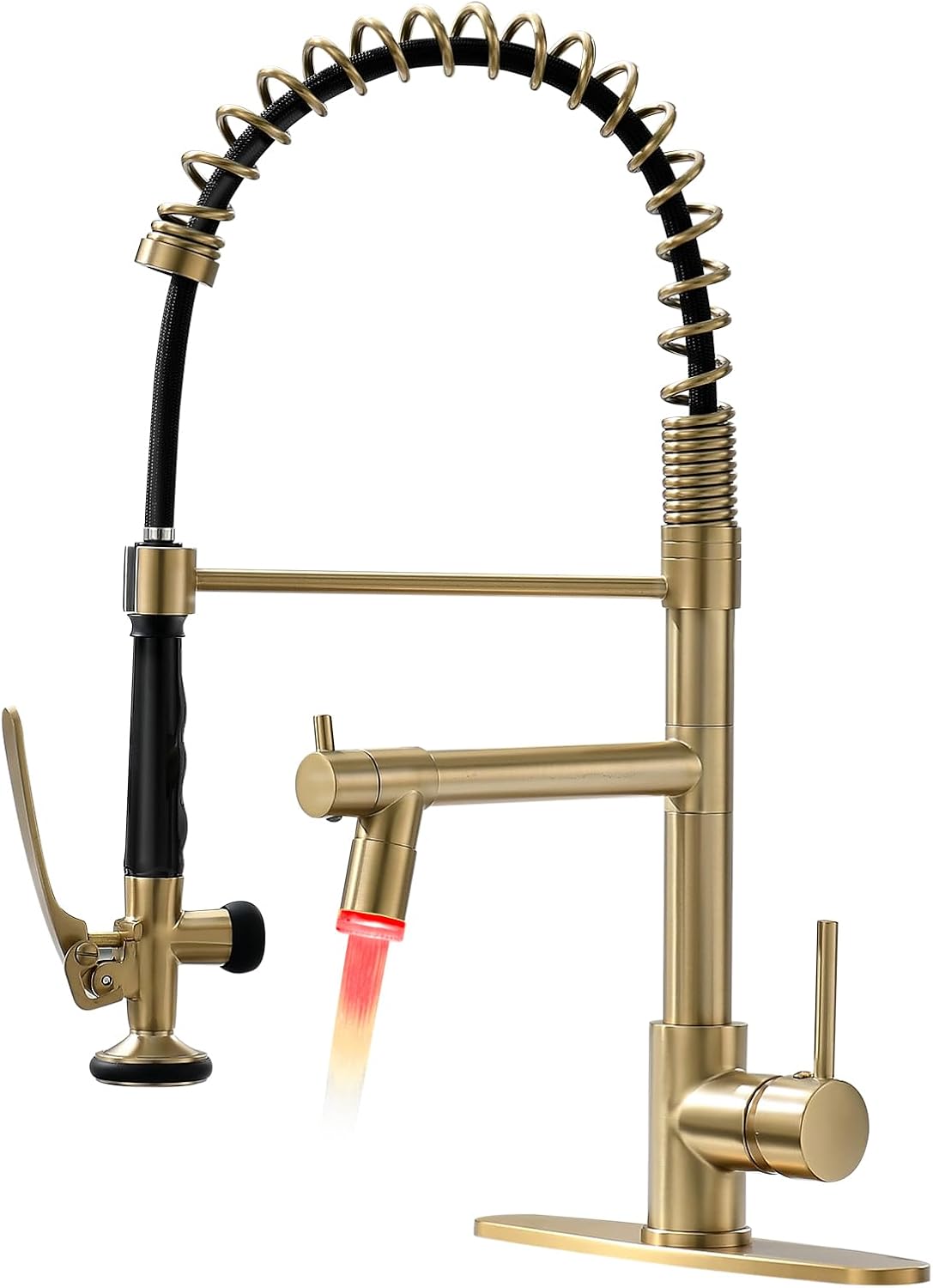 Fapully LED Kitchen Faucet with Pull Down Sprayer,Brushed Gold Commercial Kitchen Sink Faucet with Deck Plate