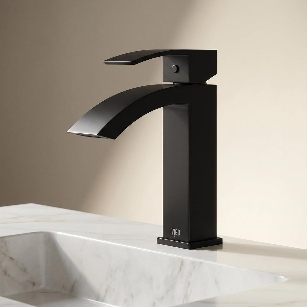 VIGO Satro Waterfall Single-Handle Single-Hole Mount Bathroom Sink Faucet, 7-Inch, Matte Black, Modern Design, Solid Brass, 1.2 GPM WaterSense & Ceramic Disc Valve, Corrosion-Resistant