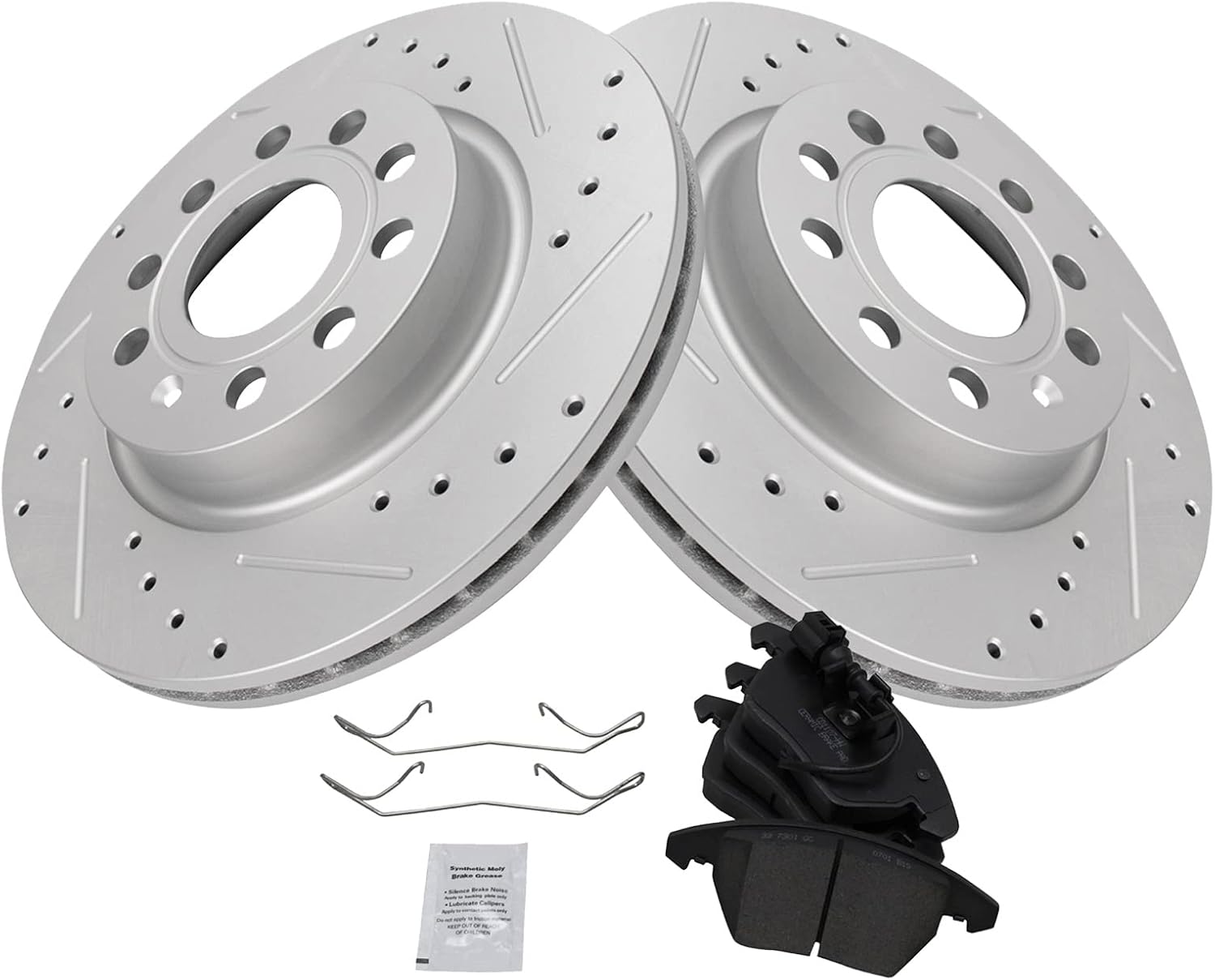 TRQ Performance Front Ceramic Brake Pad and Rotor Set Coated Drilled Slotted Compatible with 2011 Audi A3 2011 VW Jetta L5 2.5L with 280 mm Diameter Front Rotors Models