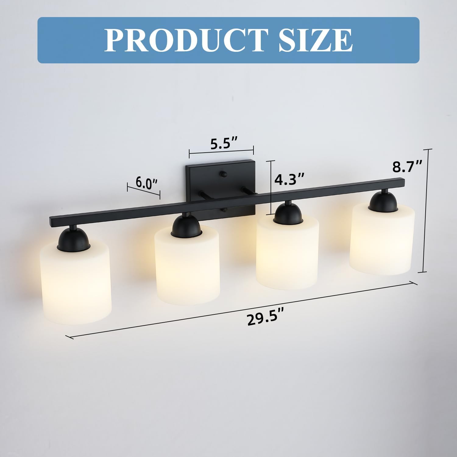 Mecgirn Milk Glass Vanity Lights for Bathroom, 4 Light Matte Black Bathroom Light Fixtures Over Mirror, Ceramic E26 Sockets Wall Mounted