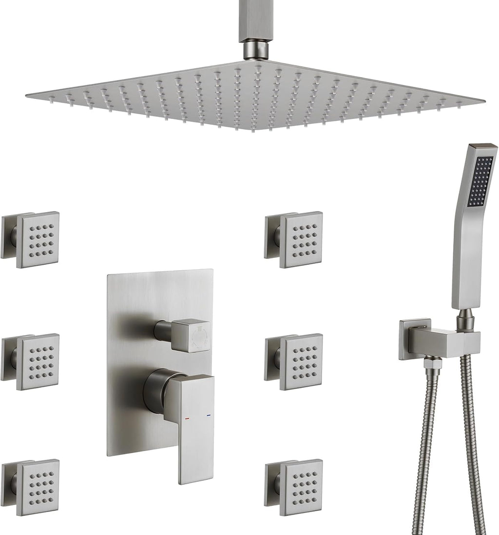 Rain Shower System With Complete 6 Pcs Body Sprays Jets And Pressured Balance Rough-in Valve,12Inch Rainfall Shower Head And Handheld, Modern Brushed Nickel Ceiling Mount Shower Faucet Sets