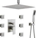 Rain Shower System With Complete 6 Pcs Body Sprays Jets And Pressured Balance Rough-in Valve,12Inch Rainfall Shower Head And Handheld, Modern Brushed Nickel Ceiling Mount Shower Faucet Sets
