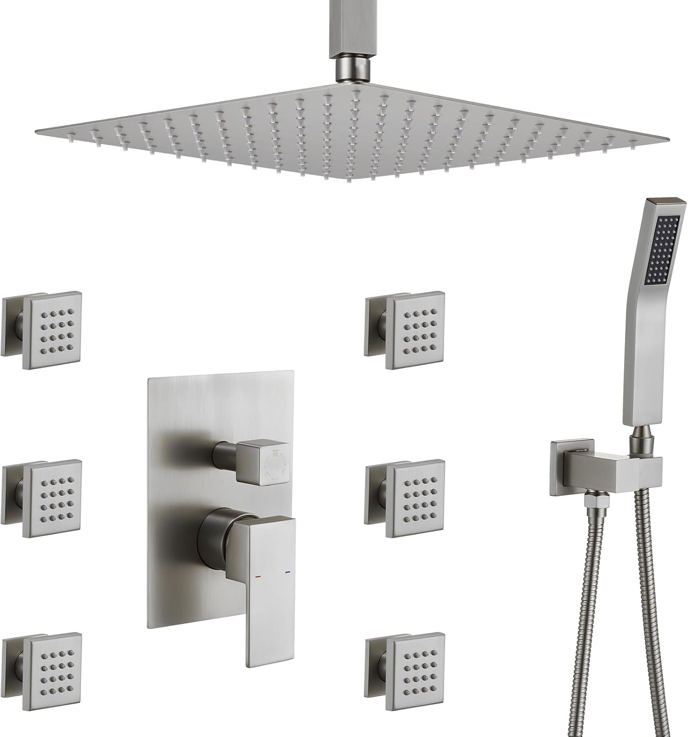 Rain Shower System With Complete 6 Pcs Body Sprays Jets And Pressured Balance Rough-in Valve,12Inch Rainfall Shower Head And Handheld, Modern Brushed Nickel Ceiling Mount Shower Faucet Sets