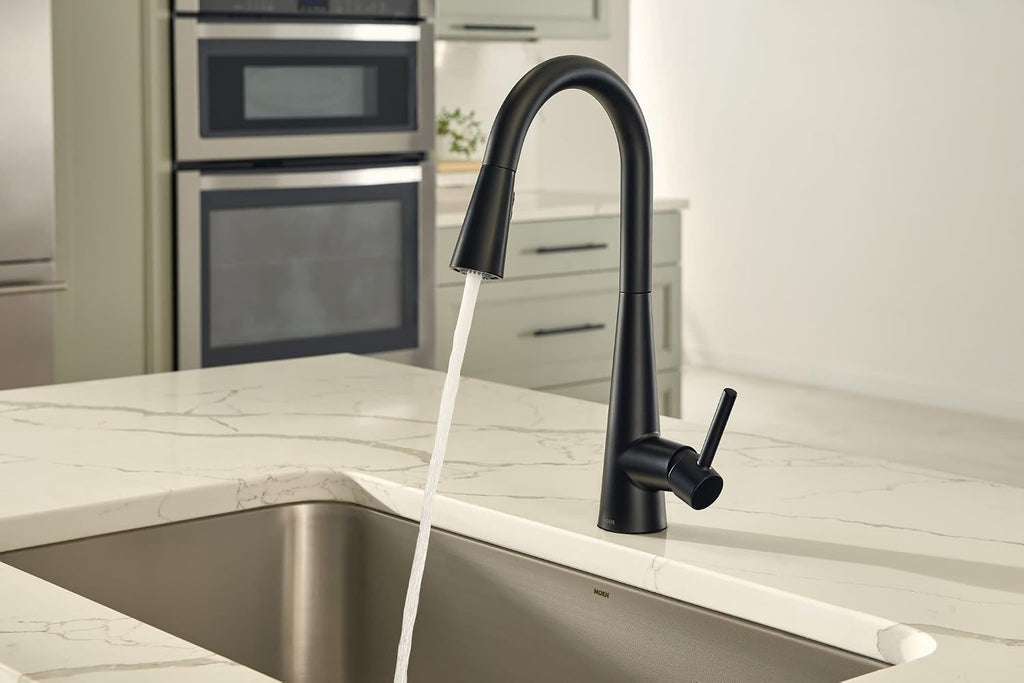 Moen Sleek Matte Black Pulldown Kitchen Faucet Featuring Pull Down Sprayer with Power Boost, High Arc Modern Kitchen Faucet, One-Handle Easy Installation, 7864BL