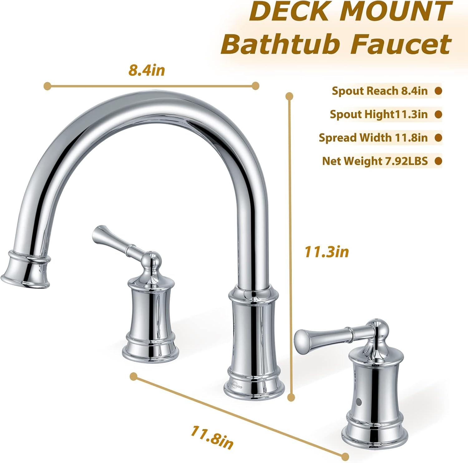 Polished Chrome Roman Tub Faucet, Antique Bathtub Faucet Set 3 Hole, High Flow Bath Tub Faucet 12-16 inch Widespread, Solid Brass Tub Filler 2 Handle 360° Swivel Spout Rough-in Valve(B2307-CP)
