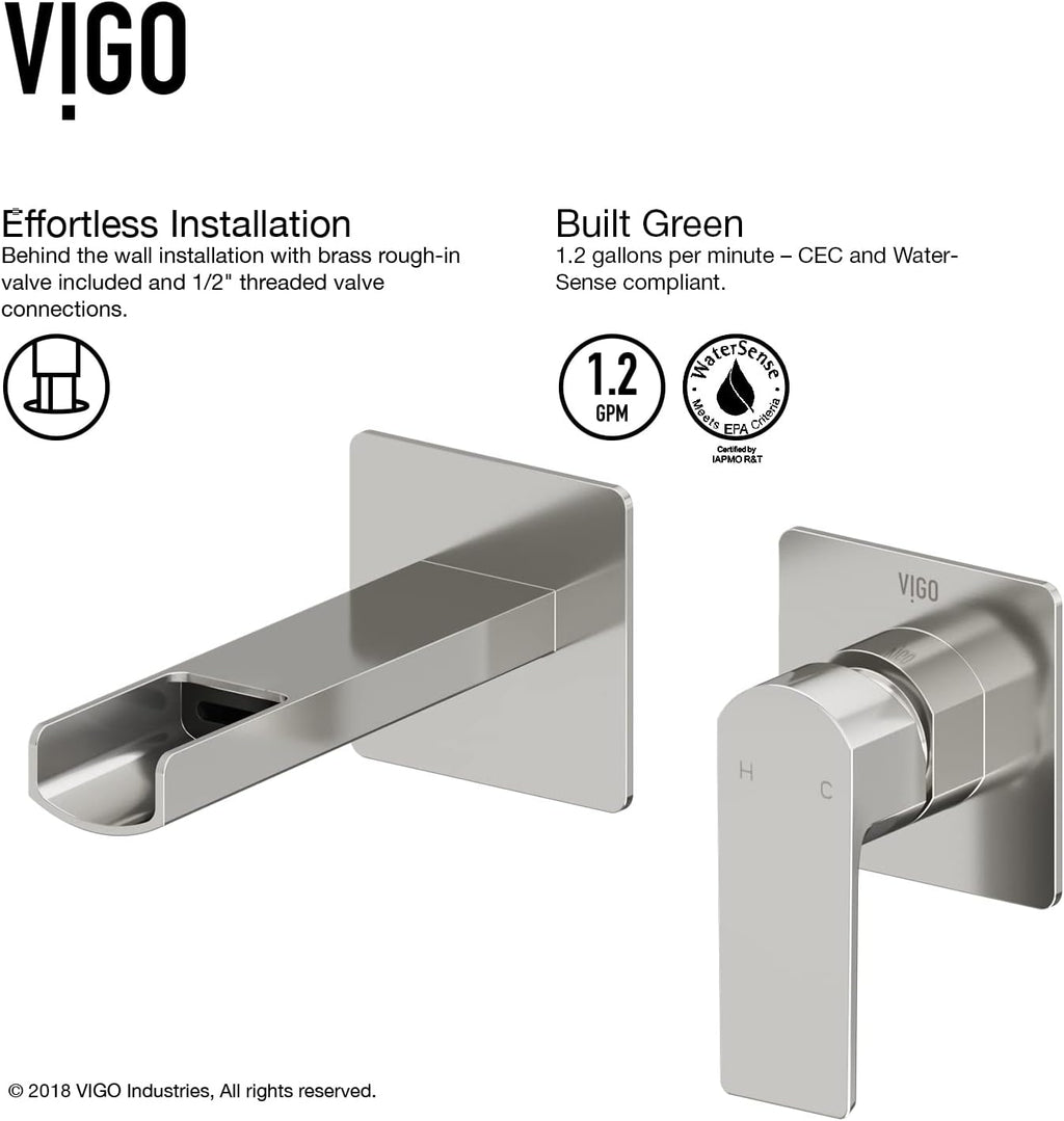 VIGO Atticus Waterfall Single-Handle Two-Hole Wall Mount Bathroom Sink Faucet, Brushed Nickel, Modern Design, Solid Brass, 1.2 GPM WaterSense & Ceramic Disc Valve, Corrosion-Resistant