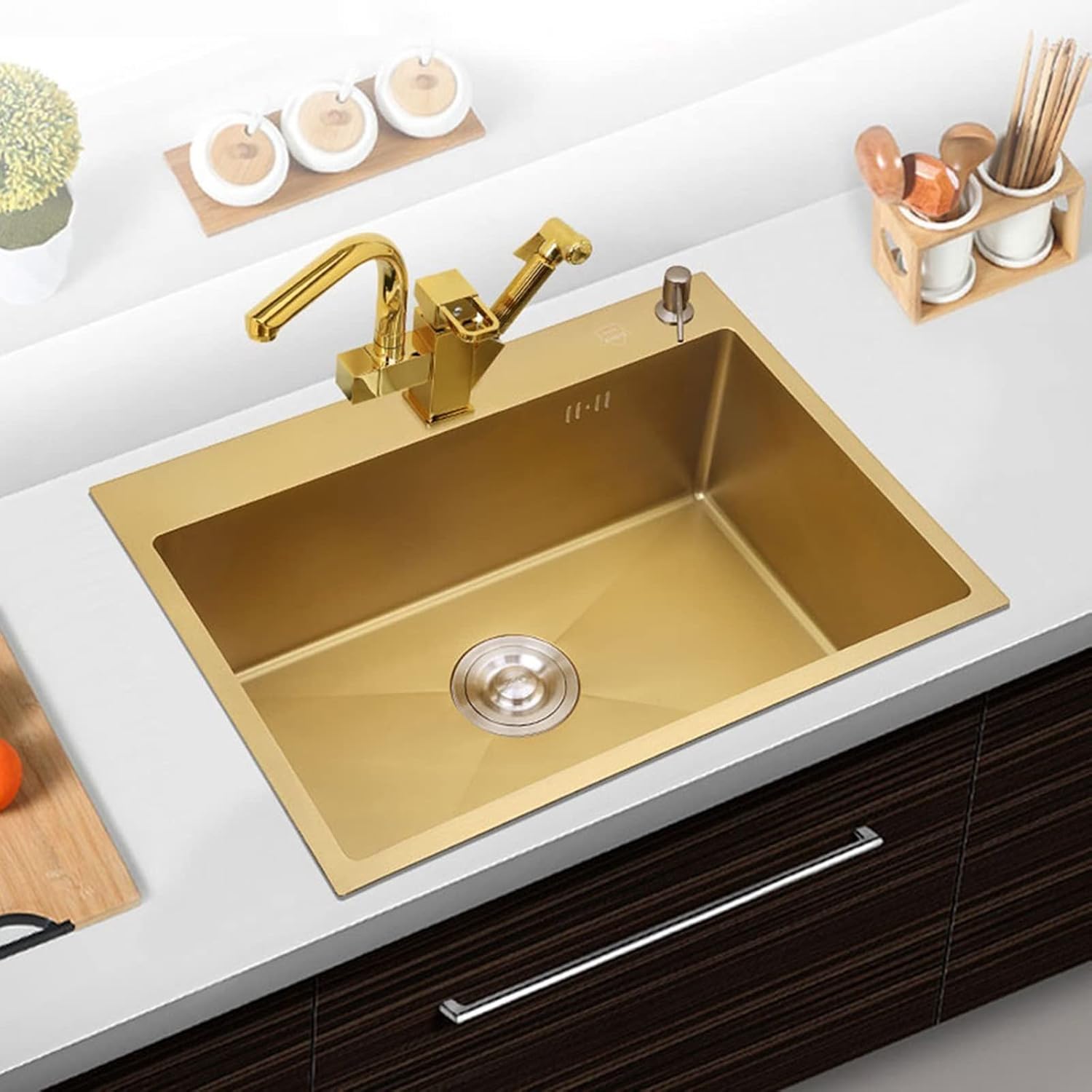 Sink Golden 304 Stainless Steel Sink Handmade Home Sink Single Bowl Kitchen Sink Sink Set Hot and Cold Faucet Multiple Installation Methods,Gold-60 * 45cm