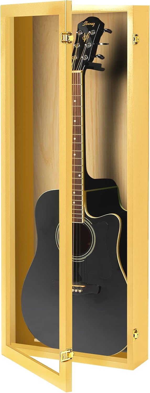 PENNZONI Acoustic Guitar Display Case - Acrylic Acoustic Guitar Case - Guitar Display Case Wall Mount Made from Hardwood Frame & Clear Acrylic - Golden Oak w/No Felt