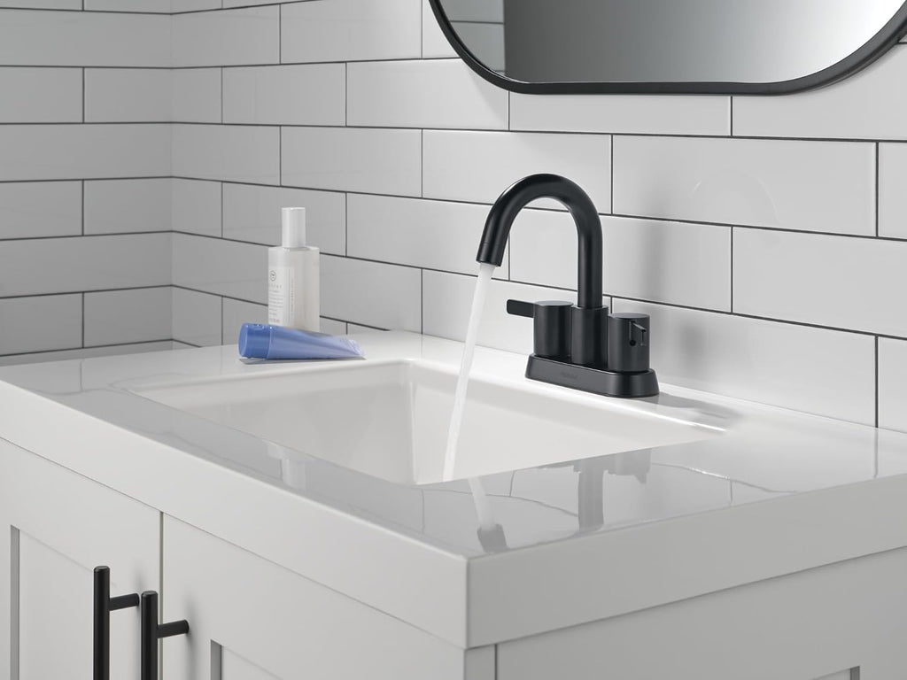 Peerless Precept Centerset Bathroom Faucet, Matte Black 3-Hole Bathroom Faucet, Bathroom Sink Faucet, Push-Pop Drain Assembly, Matte Black P2530LF-BL