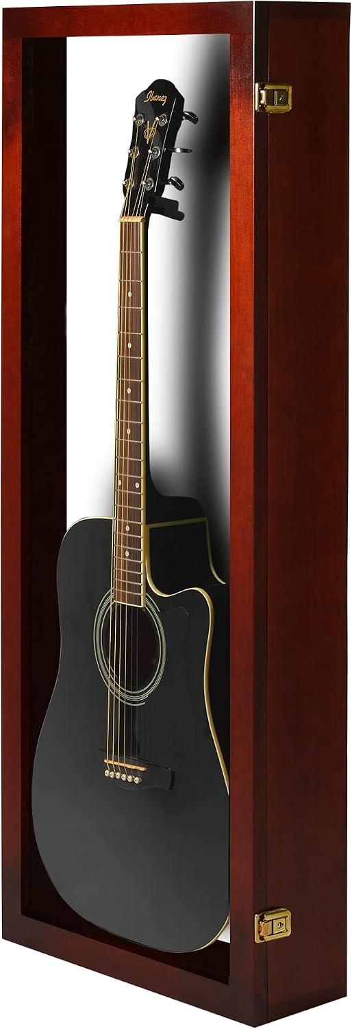 PENNZONI Acoustic Guitar Display Case - Acrylic Acoustic Guitar Case - Guitar Display Case Wall Mount Made from Hardwood Frame & Clear Acrylic - Cherry w/Felt White