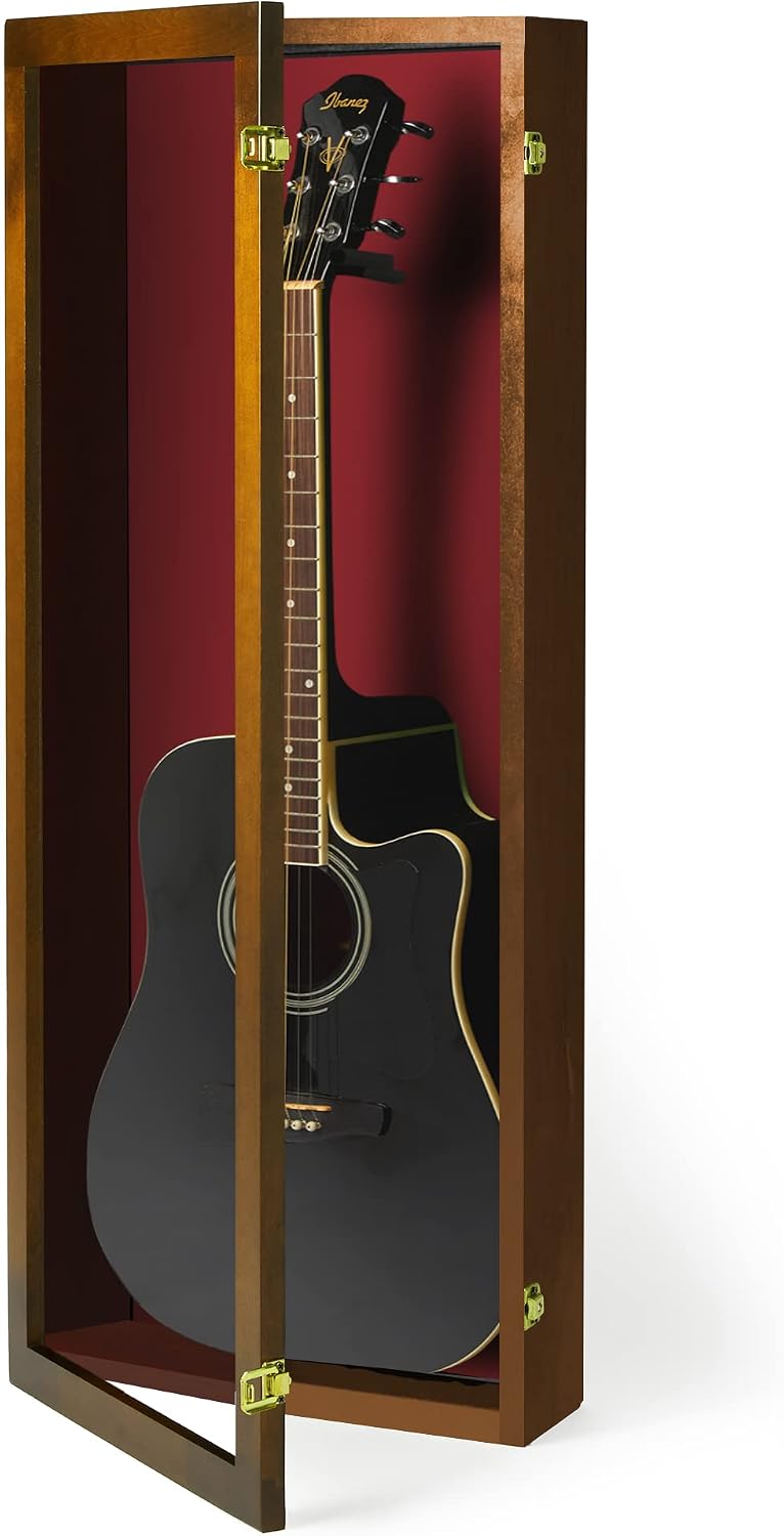 PENNZONI Acoustic Guitar Display Case - Acrylic Acoustic Guitar Case - Guitar Display Case Wall Mount Made from Hardwood Frame & Clear Acrylic - Walnut w/Red Felt