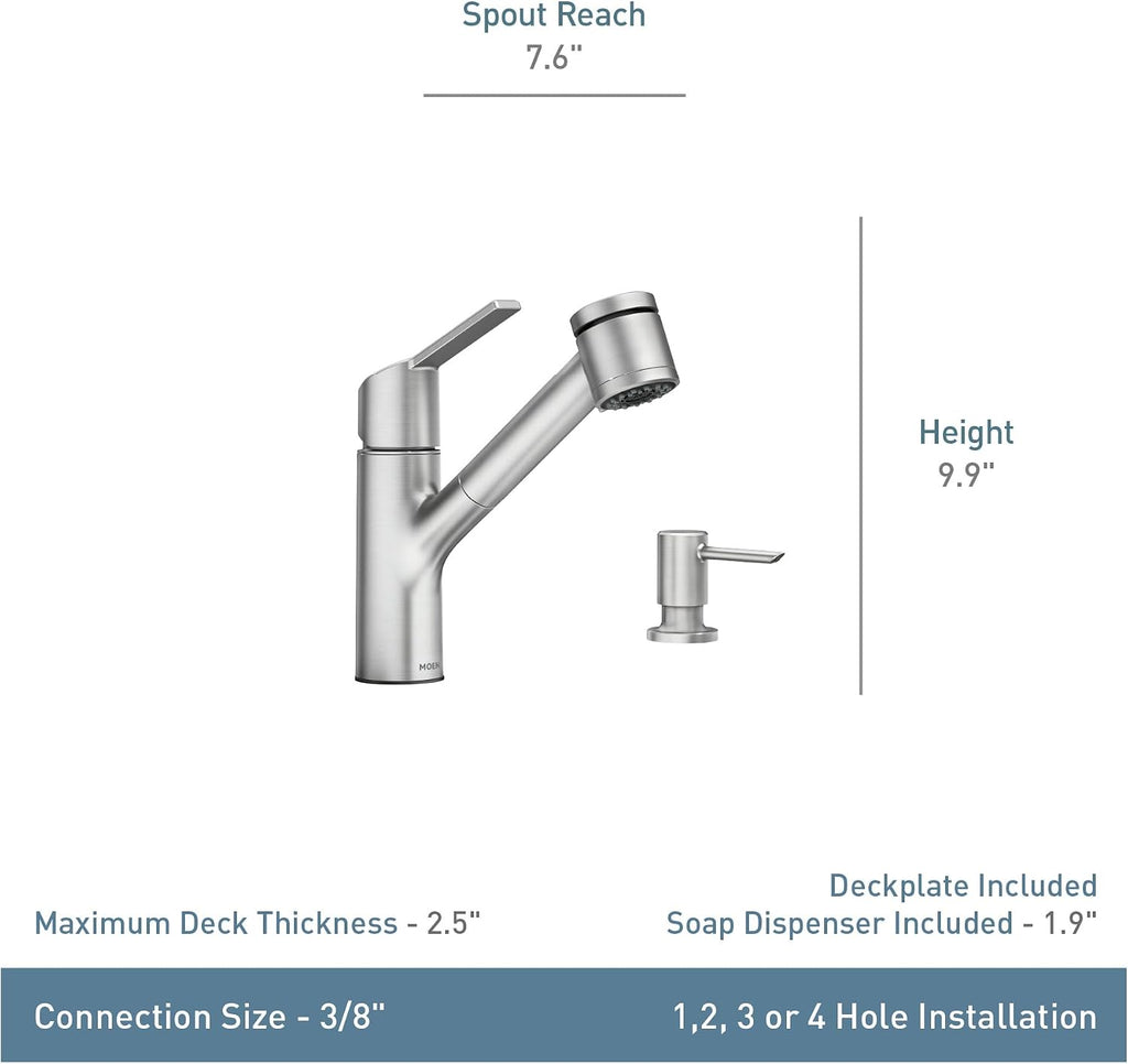 Moen Sombra Spot Resist Stainless Single-Handle Pull-Out Sprayer Kitchen Faucet with Soap Dispenser and Power Clean, 87701SRS