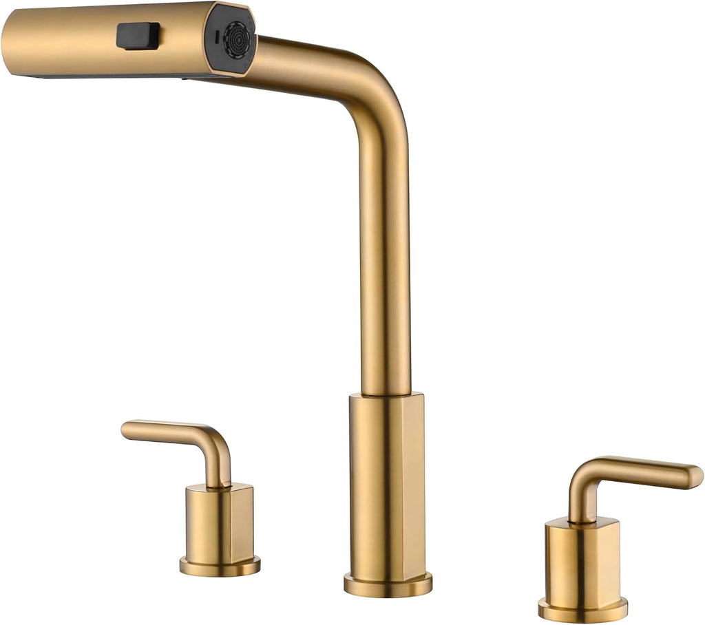 Kitchen Faucet with Pull Down Sprayer - Brushed Gold 3 Hole Kitchen Sink Faucet - 8 Inch 2 Handle Champagne Bronze 3 Piece Faucets Stainless Steel Faucet, 360° Swivel, Pull Out 3 Spray Modes