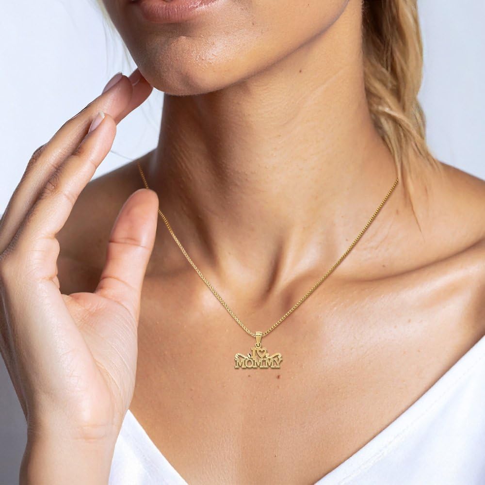 IceCarats 14K Solid Yellow Gold Small I Love Heart Mommy Pendant Necklace 15mm 5/8 inch Polished, Textured For Her