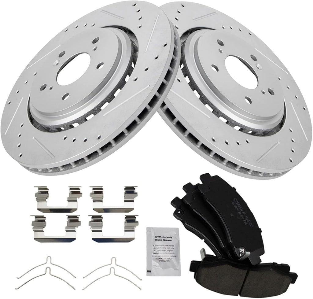 TRQ Performance Front Brake Pad and Rotor Set Ceramic G Coated Slotted Drilled Rotors Compatible with 2015-2020 Acura TLX