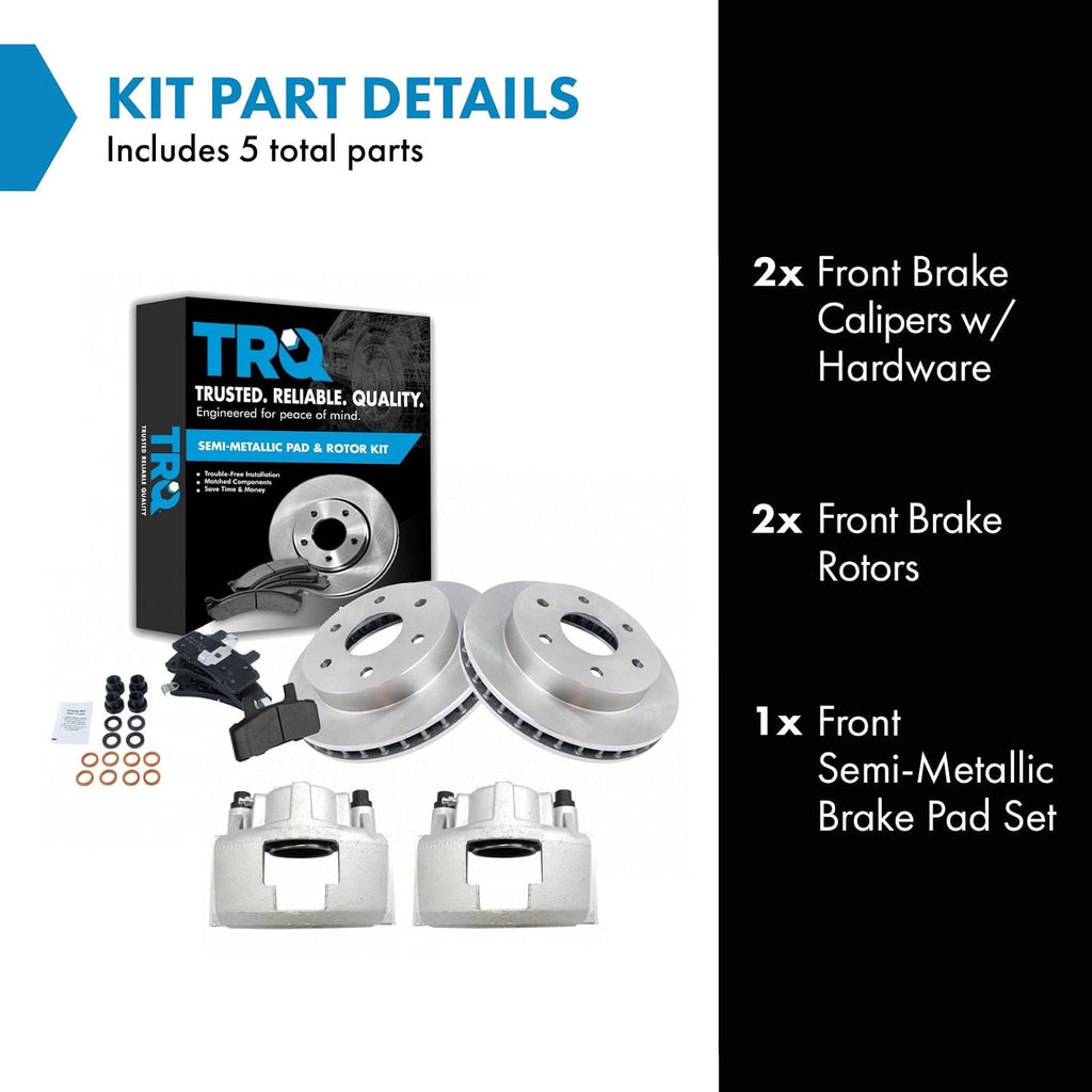 TRQ Front Brake Pad and Rotor Set Semi Metallic Vented Rotors Calipers Compatible with 1988-2000 Chevrolet K1500 K2500 Tahoe Suburban Blazer GMC K1500 K2500 Yukon Suburban 1999-2000 Cadillac Escalade