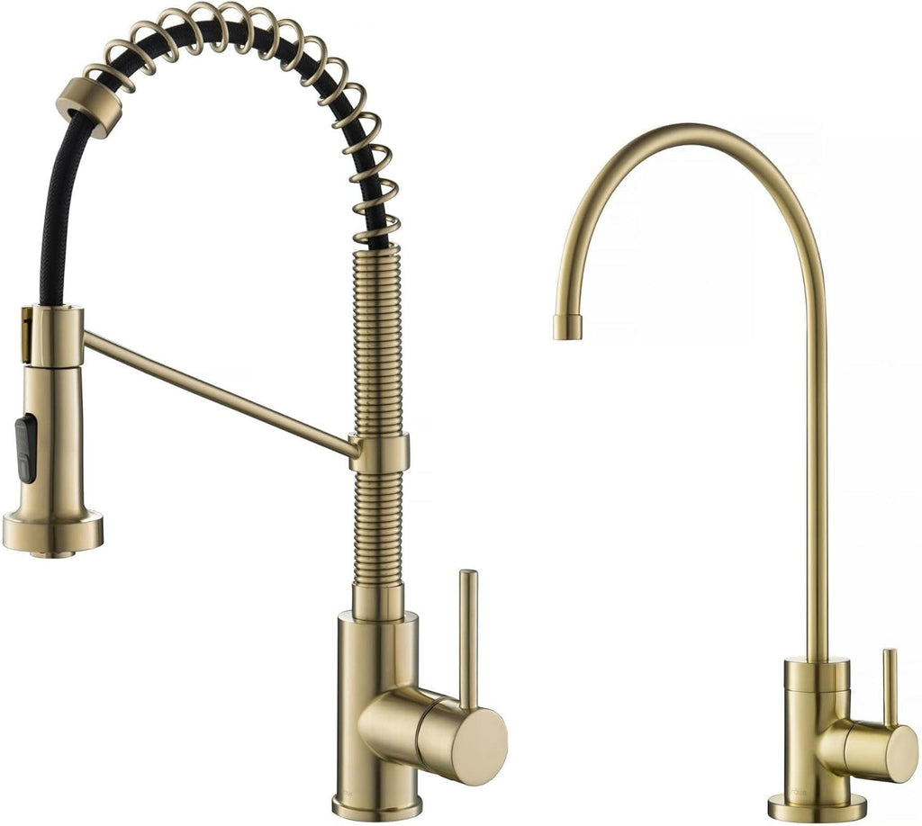 KRAUS Bolden Commercial Style Pull-Down Kitchen Faucet and Purita Water Filter Faucet Combo in Spot Free Antique Champagne Bronze, KPF-1610-FF-100SFACB
