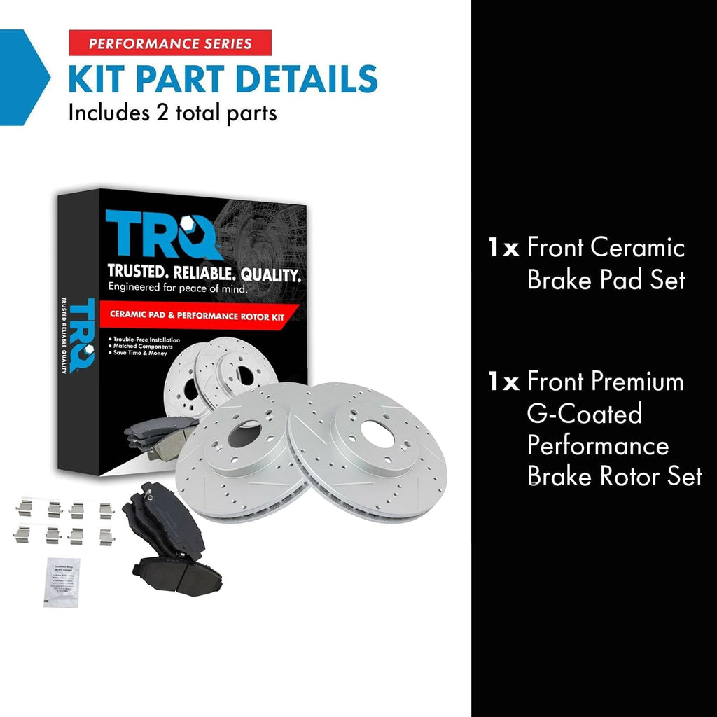 TRQ Performance Front Brake Pad and Rotor Set Ceramic Coated Drilled Slotted Vented Rotors Compatible with 2003-2008 Honda Pilot 2005 Accord