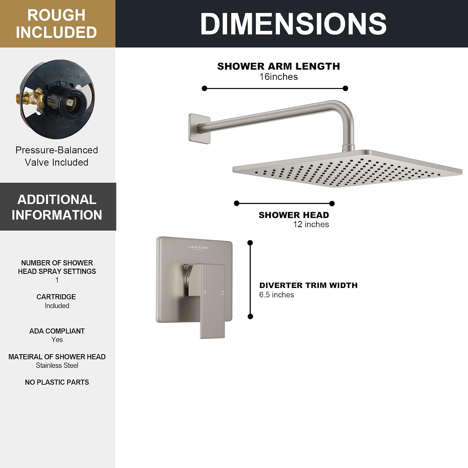 Lava Odoro 12-inch Modern Square Shower Faucet Set Brushed Nickel, Shower Trim Kit with Rough-in Valve High Pressure Rainfall Shower Head and Handle Set (Valve Included), SF106-BN