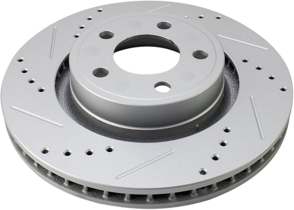 TRQ Performance Front Brake Pad and Rotor Set Ceramic Drilled Slotted Vented Rotors Compatible with 2015-2017 Ford Mustang