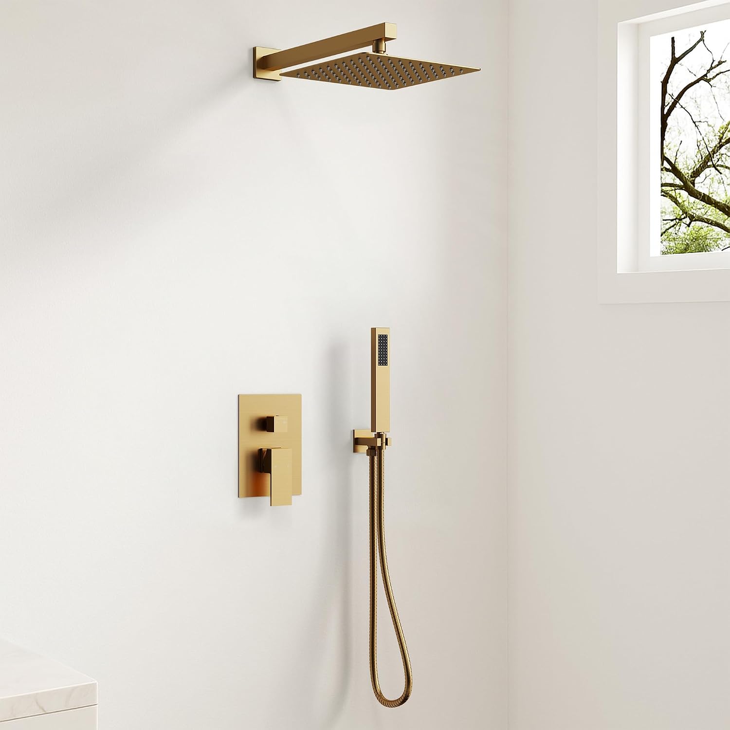 10 Inch Shower Faucet Set, High Pressure Rainfall Shower Head and Handheld Sprayer Combo, Brushed Gold