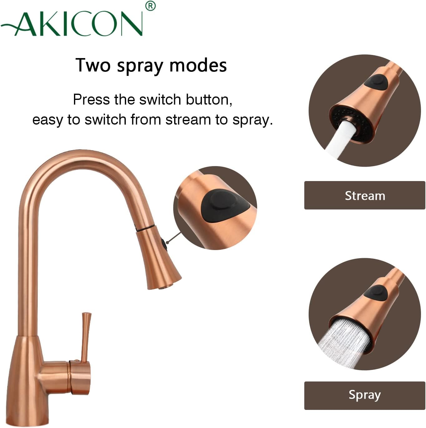 Akicon Copper Kitchen Faucet with Soap Dispenser, Single Handle Solid Brass High Arc Pull Down Sprayer Head Kitchen Sink Faucets with Deck Plate AK96455