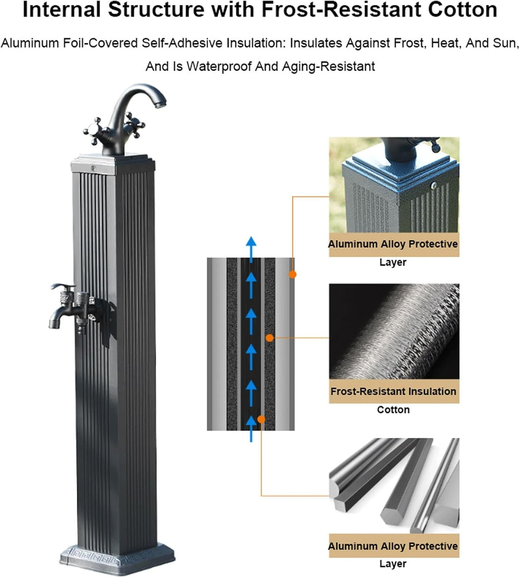 Hot and Cold Water Garden Water Column Outdoor Vertical Water Dispenser Hydrant Freestanding Aluminum Square Antifreeze Faucet(Black)