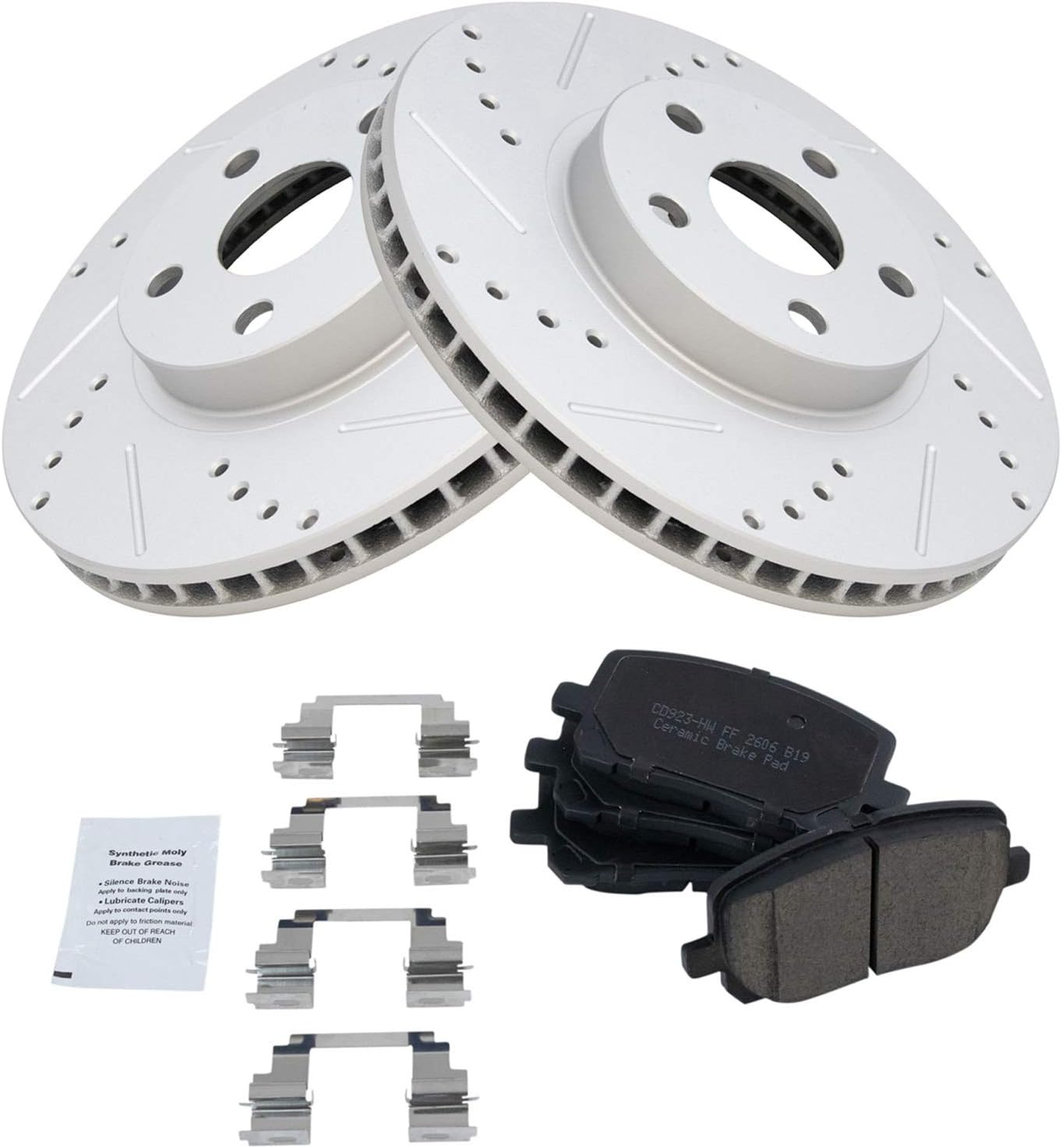 TRQ Performance Front Brake Pad and Rotor Set Ceramic Coated Drilled Slotted Vented Rotors Compatible with 2003-2008 Toyota Corolla Matrix Pontiac Vibe