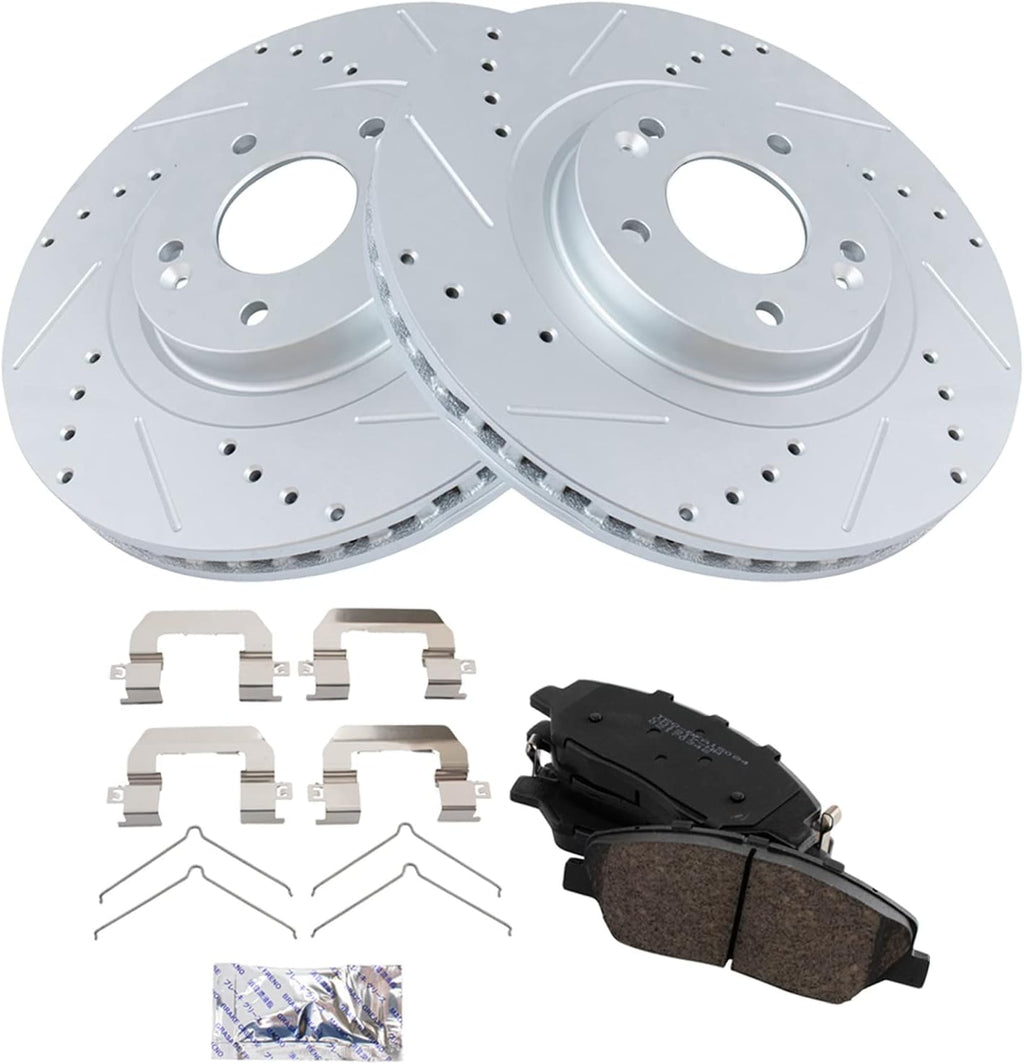 TRQ Performance Front Brake Pad and Rotor Set Ceramic Coated Drilled Slotted Rotors Compatible with 2017-2018 Hyundai Santa Fe 2019 Santa Fe XL