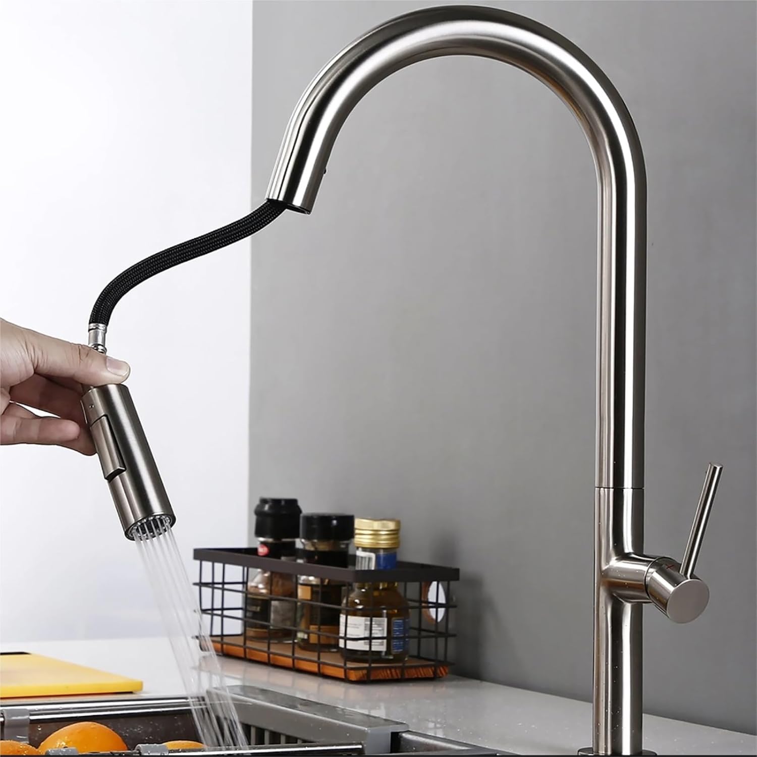 Brass Brushed Gold Black 360 Oegree Rotation Kitchen Hot and Cold Water Sink Taps Pull Out Spout Kitchen Faucet(Brushed Nickel)