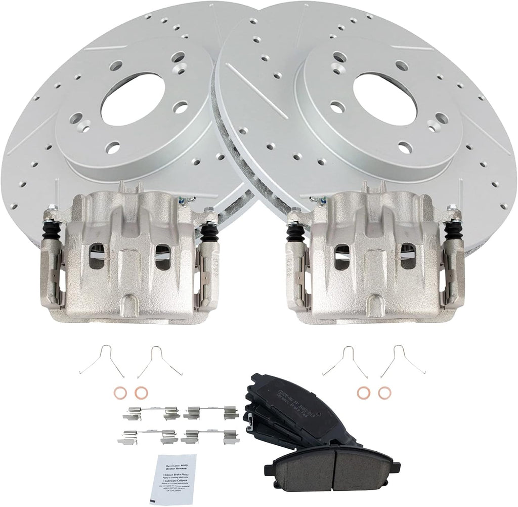 TRQ Performance Front Brake Pad and Rotor Set Ceramic Coated Drilled Slotted Rotors Calipers Compatible with 2006-2006 Acura MDX