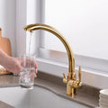 Kitchen 3 Way Faucets Mixer Brass 3 Way Faucets for Kitchen Sink Double Outlet Hot and Cold Water-Gold