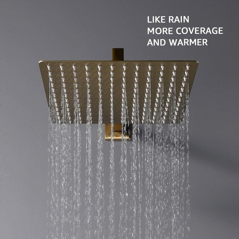 Brushed Gold Shower System, Golden Shower Fixture with 12 Inch Rain Shower Head and Handheld Shower Head, Rainfall Shower Faucet with Brass Valve for Bathroom