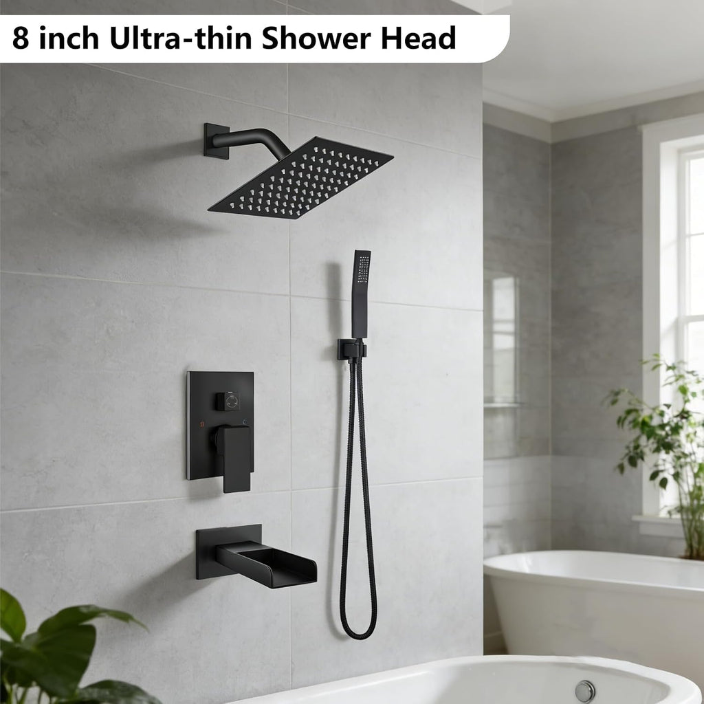 Midanya Rain Shower System Tub Shower Faucet Set Square Rainfall Waterfall Shower Head with Handheld Sprayer Tub Spout Combo Wall Mounted bathtub faucet set Rough-in Valve, 8 Inch Matte Black