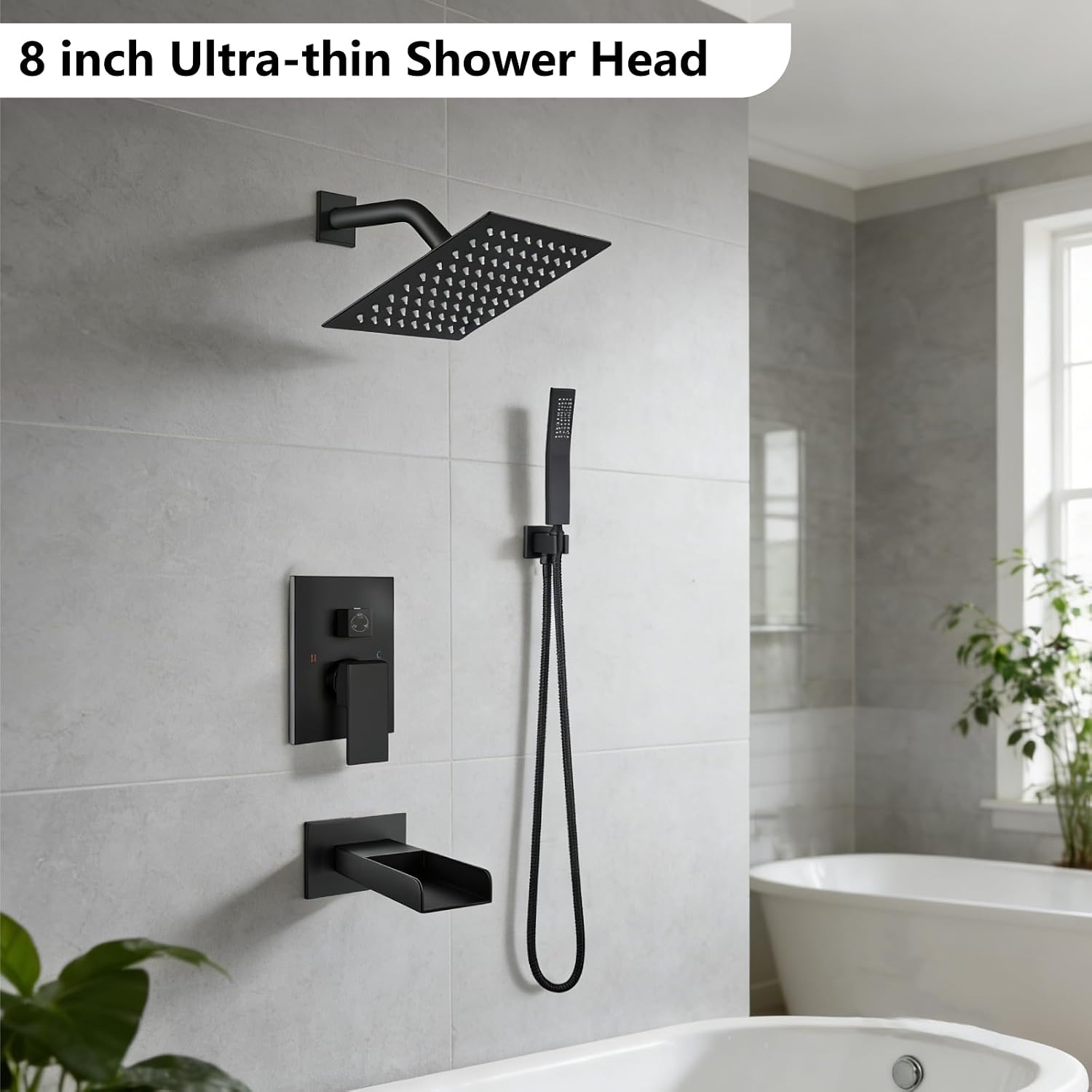 Midanya Rain Shower System Tub Shower Faucet Set Square Rainfall Waterfall Shower Head with Handheld Sprayer Tub Spout Combo Wall Mounted bathtub faucet set Rough-in Valve, 8 Inch Matte Black