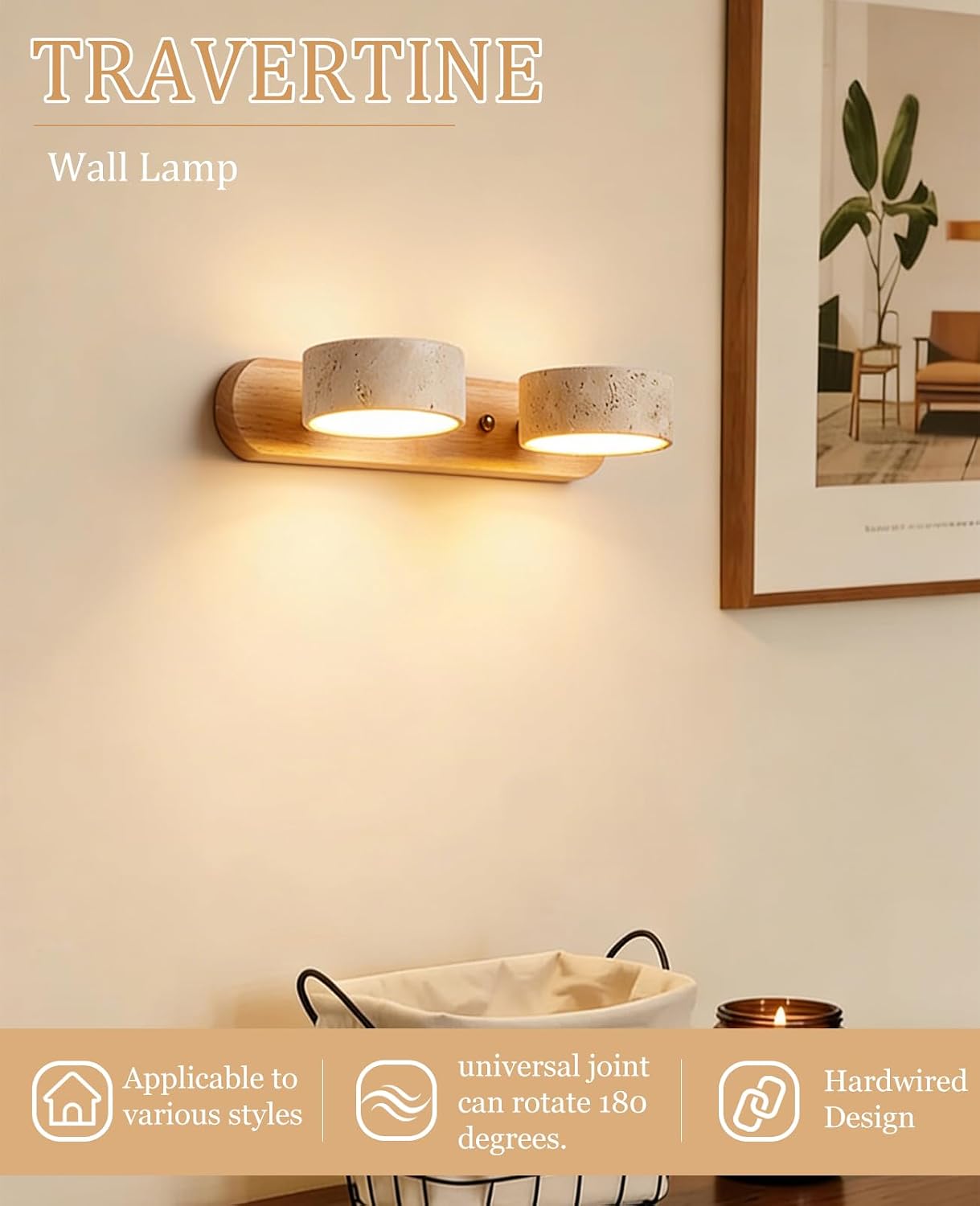 Natural Wood Vanity Light, 12.6 Inches Wabi Sabi Travertine Wall Sconce with 360° Rotatable Natural Stone Lampshade and Wooden Base Nordic Style Farmhouse Vanity Lights for Bathroom (2 Lights)