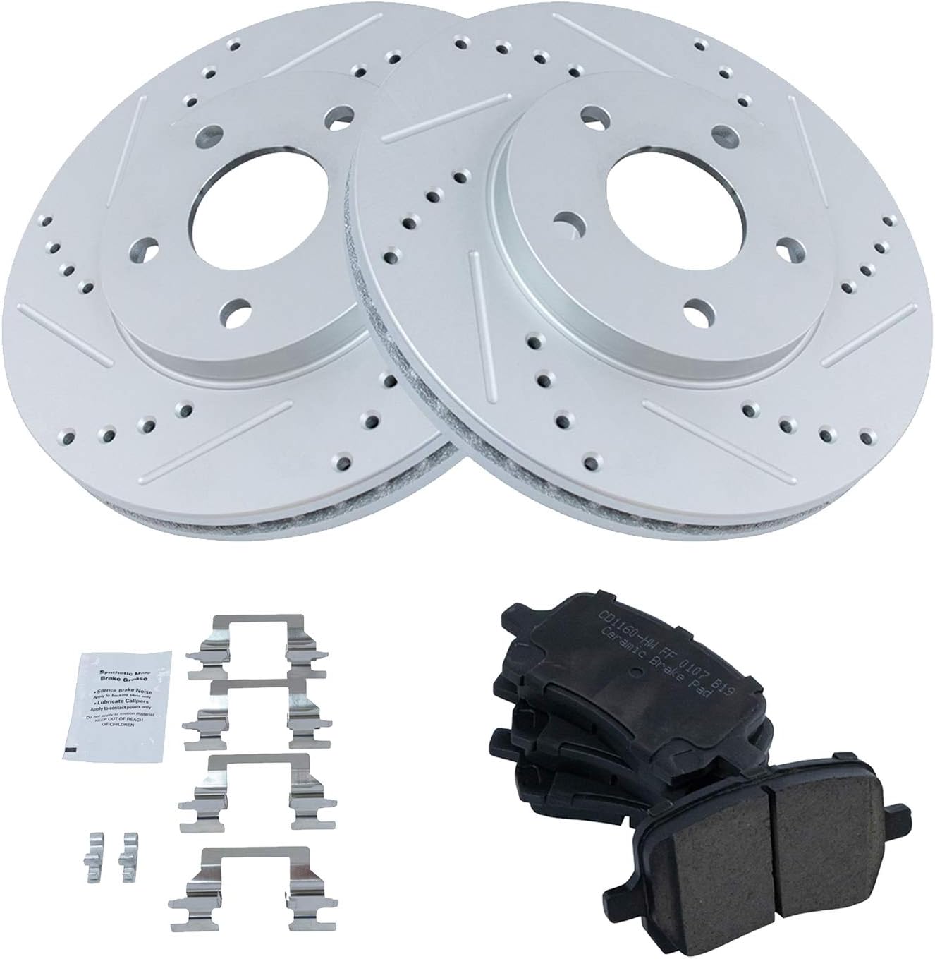 TRQ Performance Front Brake Pad and Rotor Set Ceramic G Coated Drilled Slotted Vented Rotors Compatible with 2006-2011 Chevrolet HHR