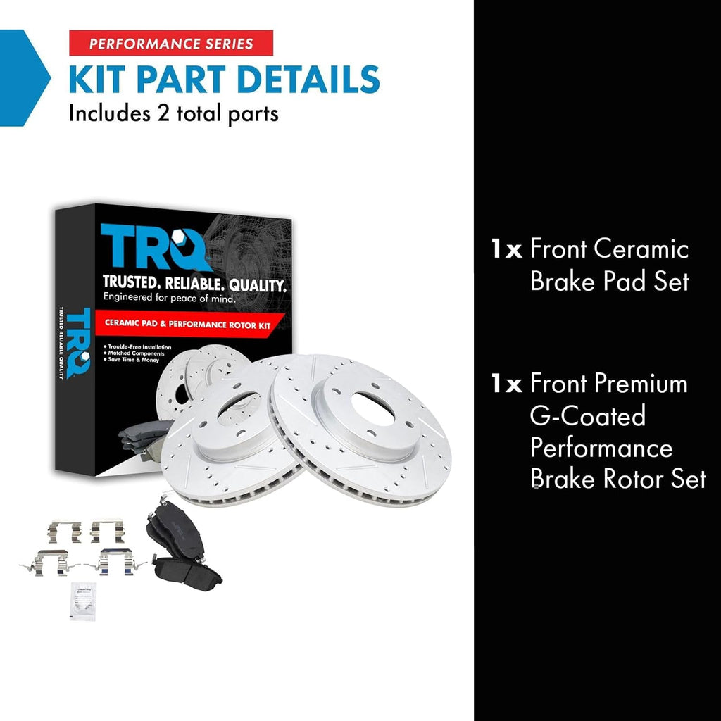 TRQ Performance Front Brake Pad and Rotor Set Ceramic Drilled Slotted Coated Vented Rotors Compatible with 2009-2014 Nissan Cube 2007-2012 Sentra 2007-2012 Versa