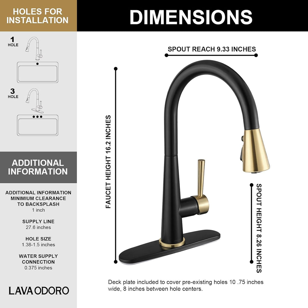 Kitchen Faucet with Pull Down Sprayer, Lava Odoro Matte Black and Brushed Gold Kitchen Sink Faucet, Black and Brass Faucet for Kitchen Sink with Magnetic Docking Spray Head and Deck Plate, KF321-GB