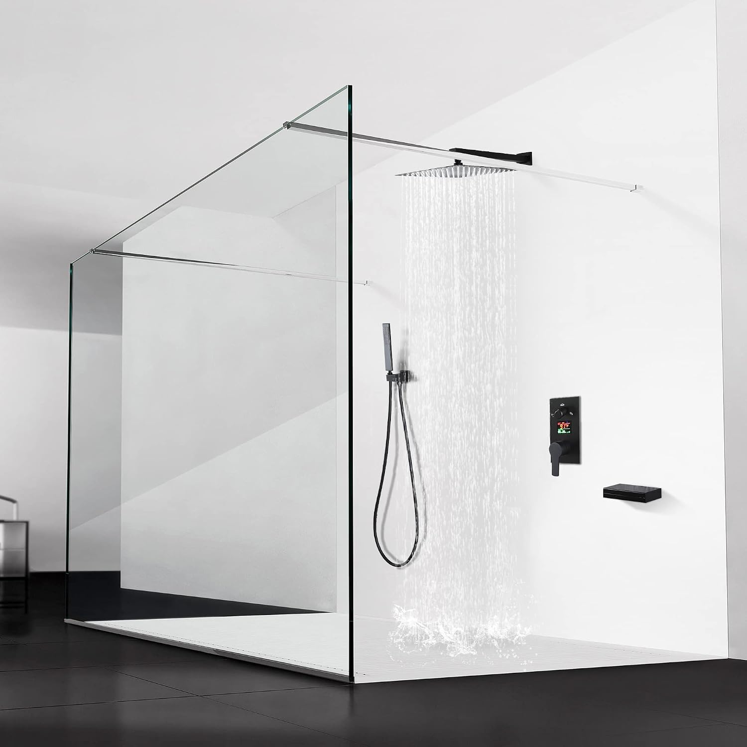 SKOWLL Shower System with Tub Spout Bathroom Tub and Shower Faucet Combo Wall Mount 12 Inch Black Shower Head and Handle Set, Display Shower Valve Kit Rough-in Valve and Trim Included