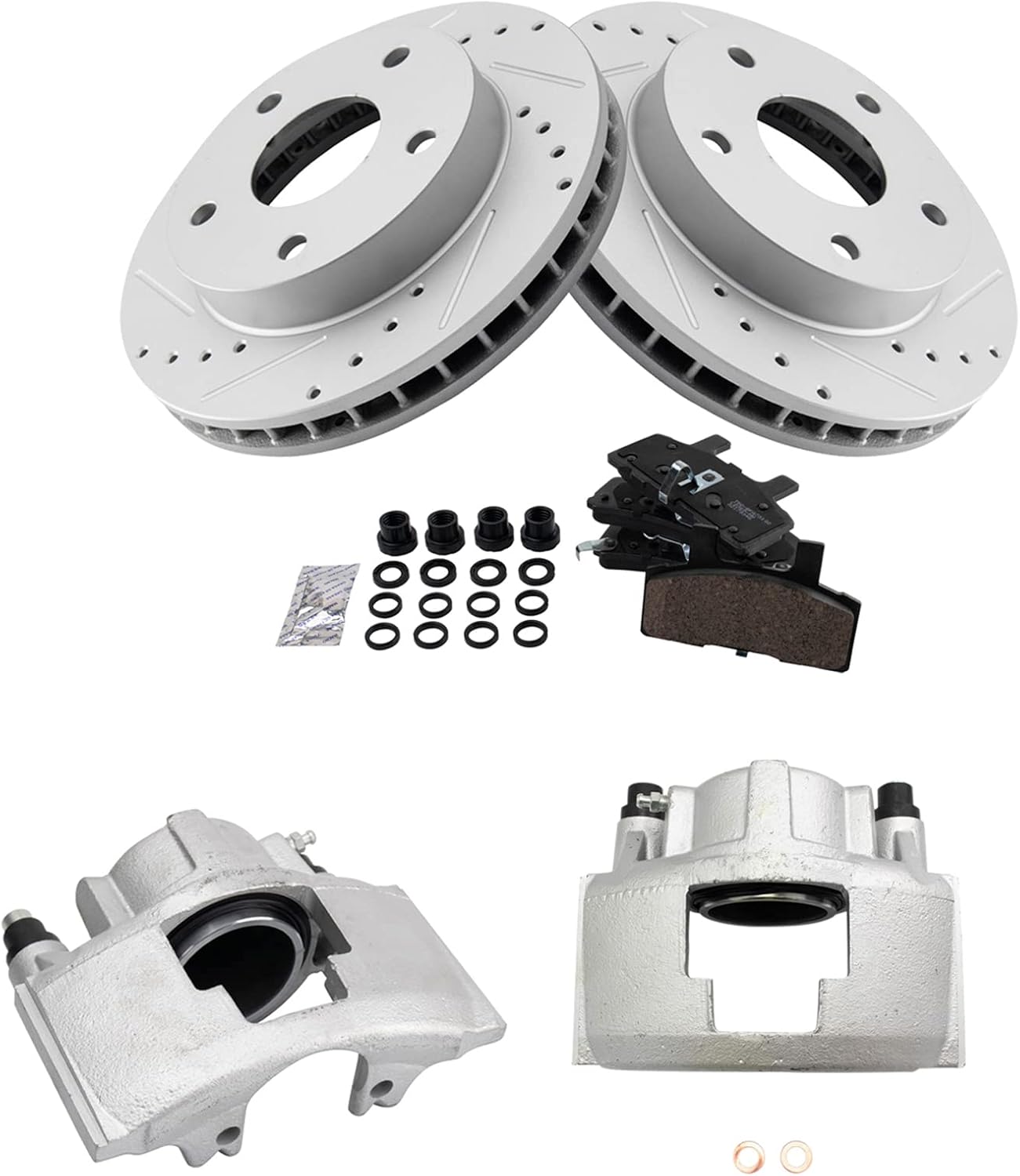 TRQ Performance Front Brake Pad and Rotor Set Ceramic Vented Coated Rotors Calipers Compatible with 1994-1999 Dodge Ram 1500
